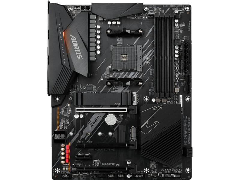 Gigabyte B550 Aorus Elite V2 вид сверху — сокет AM4, слоты DDR4, радиатор VRM и M.2