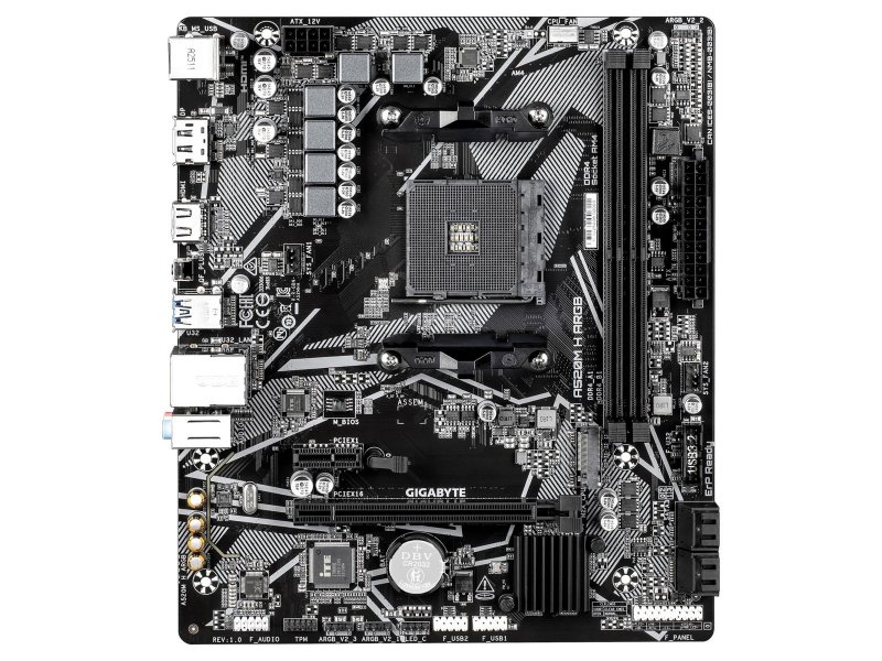 Gigabyte A520M H ARGB вид сверху — сокет AM4, слоты DDR4, разъёмы PCIe и M.2