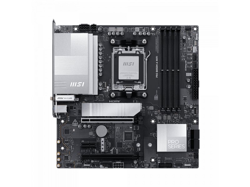 MSI PRO B850M-A WiFi вид сверху — сокет AM5, слоты DDR5, M.2 PCIe 5.0, зона VRM с радиатором