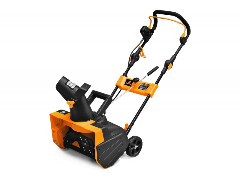 Carver STE 2346 электрический снегоуборщик 46 см вид в три четверти — двигатель, желоб, колёса