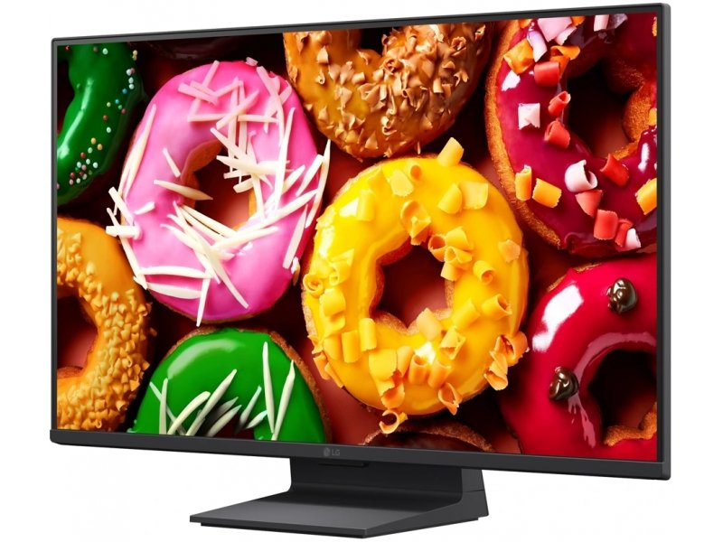 LG 27LB70006LA вид под углом 45 градусов, тонкий профиль корпуса, экран с контентом