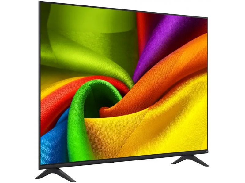 LG 85NU900B6LA &mdash; вид спереди под углом, минималистичная подставка с распорками