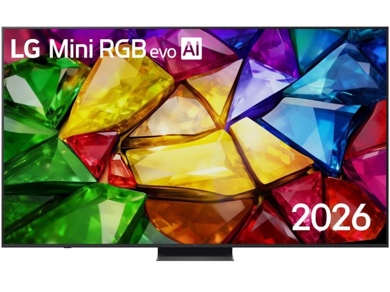 LG 86MRGB86B 85 дюймов Micro RGB — вид спереди на подставке, экран включён