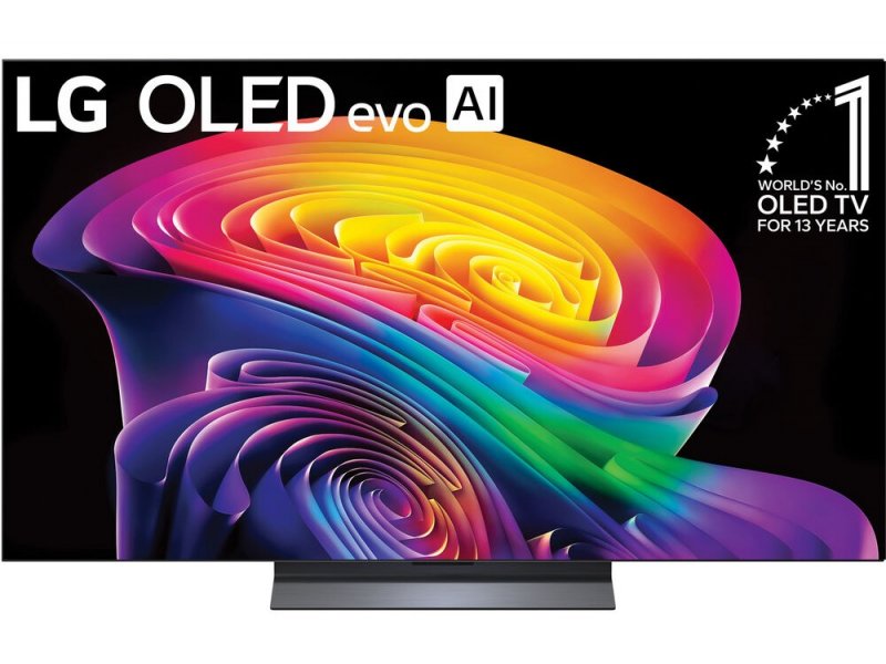 LG OLED55C6RLA вид спереди на подставке &mdash; OLED evo панель с ярким тестовым изображением