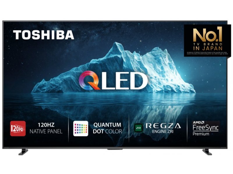 Toshiba 65Z570SE 65 дюймов &mdash; вид спереди на подставке, экран с демо-контентом, подсветка QLED