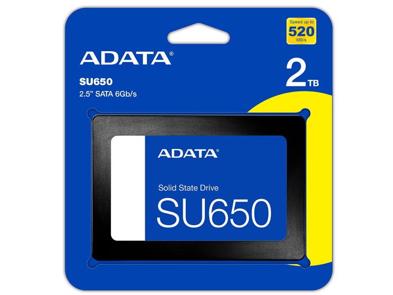 Упаковка ADATA SU650 2TB &mdash; коробка с указанием ёмкости 2TB и скорости чтения 520 МБ/с