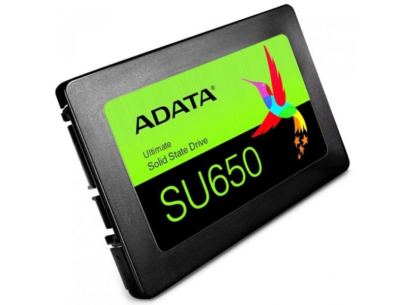ADATA SU650 960 ГБ — трёхмерный вид, золотистые контакты SATA на торце корпуса