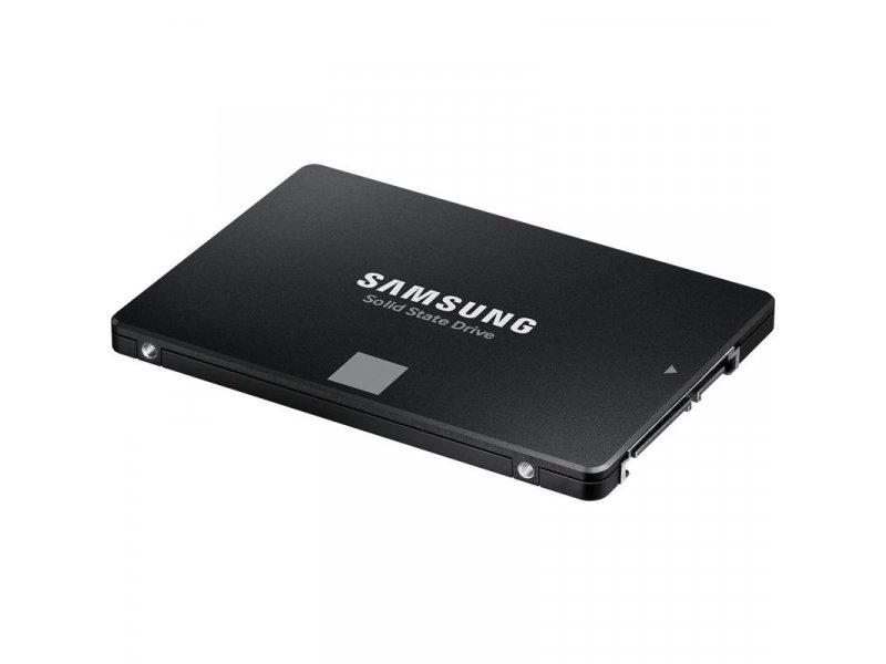 Samsung 870 EVO 2 ТБ — изометрический вид, разъёмы SATA, крепёжные винты по бокам