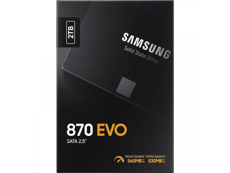 Samsung 870 EVO 2 ТБ — упаковка, указаны скорость чтения 560 МБ/с и записи 530 МБ/с