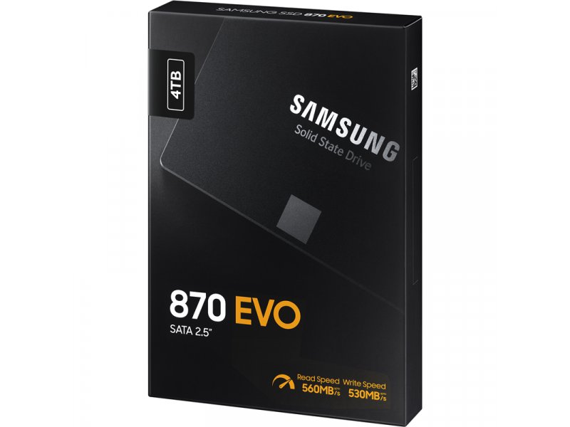 Samsung 870 EVO 4TB упаковка с указанием скоростей 560 МБ/с чтение 530 МБ/с запись