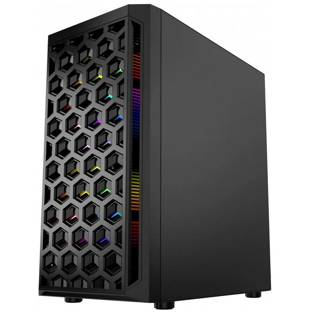 Powercase Mistral Micro T3B CMIMTB-L3 вид под углом с шестиугольной перфорированной фронтальной решёткой и RGB-подсветкой