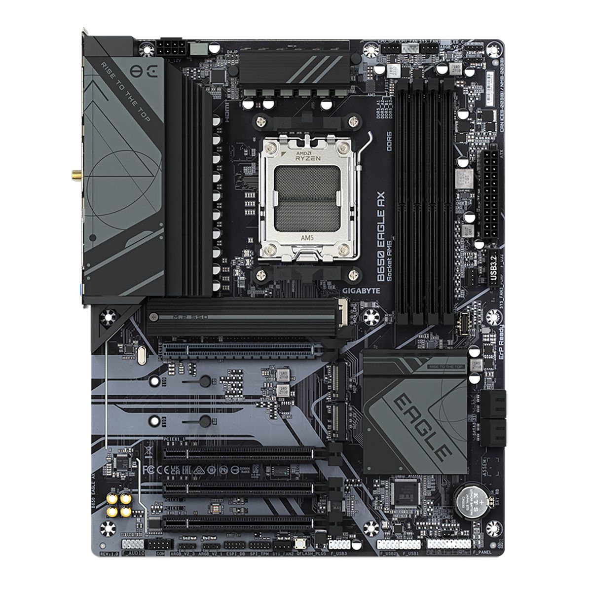 Gigabyte B650 Eagle AX вид сверху — сокет AM5, радиатор VRM, слоты DDR5 и M.2