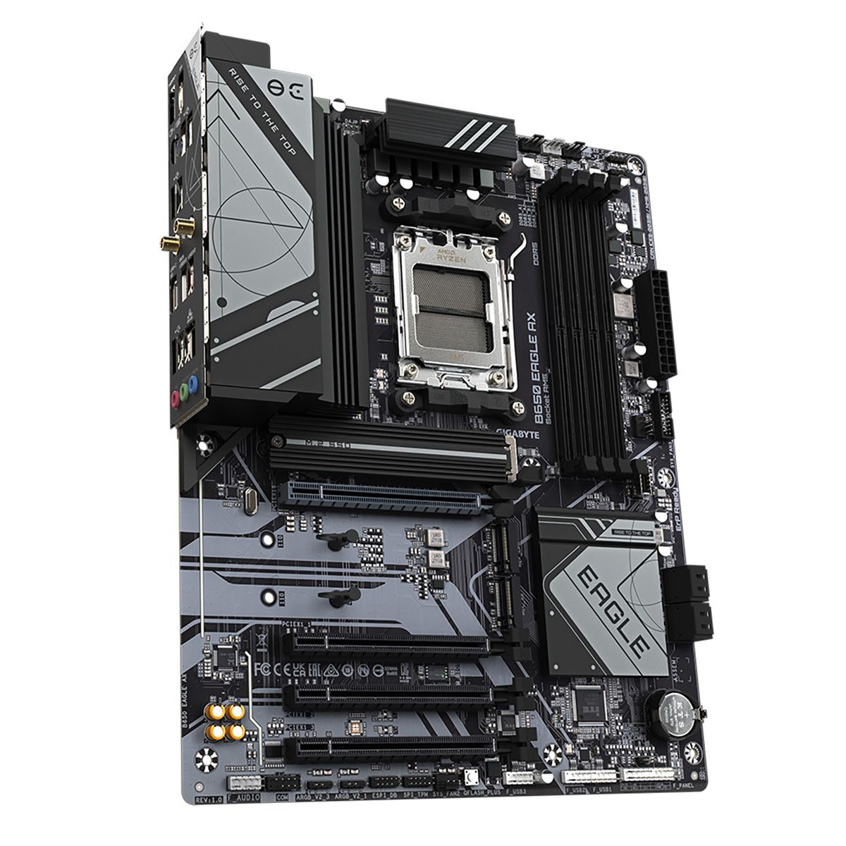 Gigabyte B650 Eagle AX вид сбоку — задняя панель с портами USB, HDMI, DisplayPort и радиатор VRM