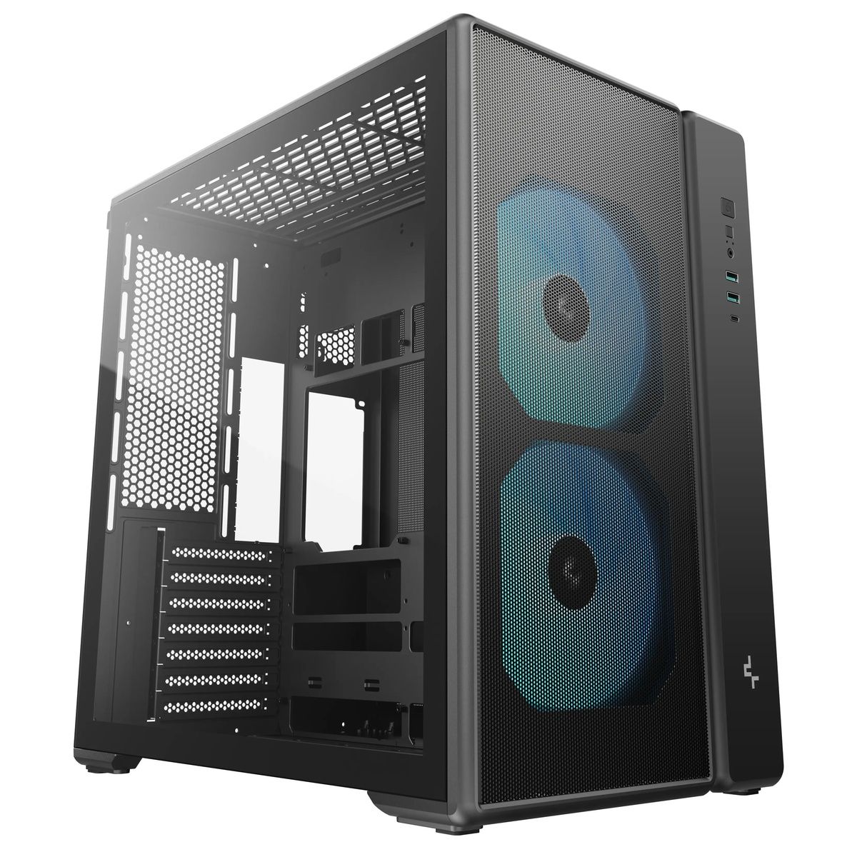 DeepCool CG590 MESH 2F вид под углом с открытой боковой панелью — два ARGB-вентилятора 160 мм и внутренняя компоновка