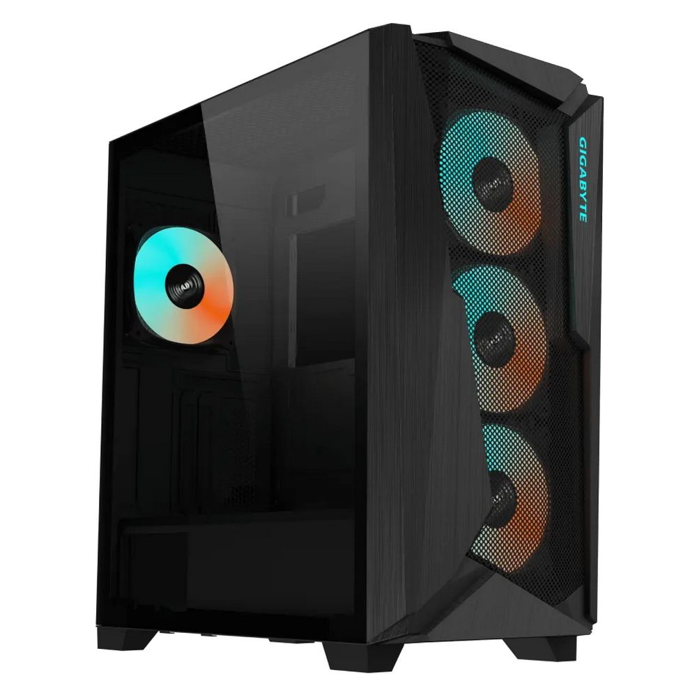 GIGABYTE C301 GLASS V2 GB-C301G угловой вид с ARGB-подсветкой четырёх вентиляторов