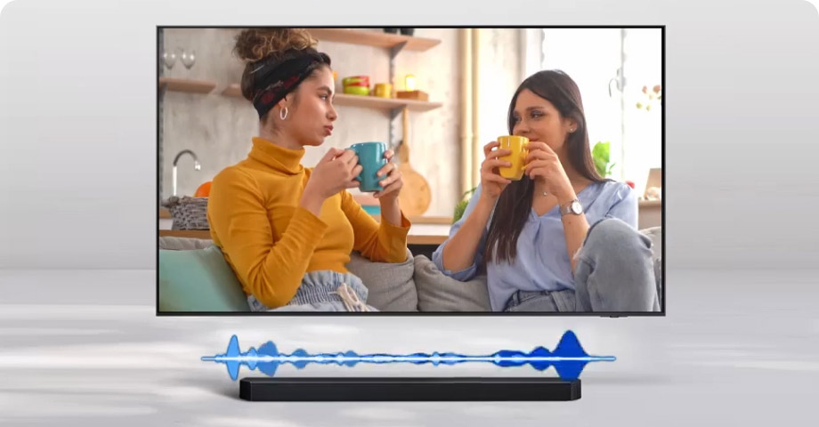 Samsung HW-Q990F под телевизором &mdash; минималистичная установка с адаптивным звуком