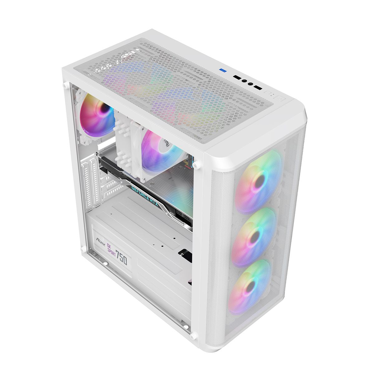 Alseye Audin-WH белый корпус Mid-Tower угловой вид спереди с сетчатым фасадом и RGB-вентиляторами