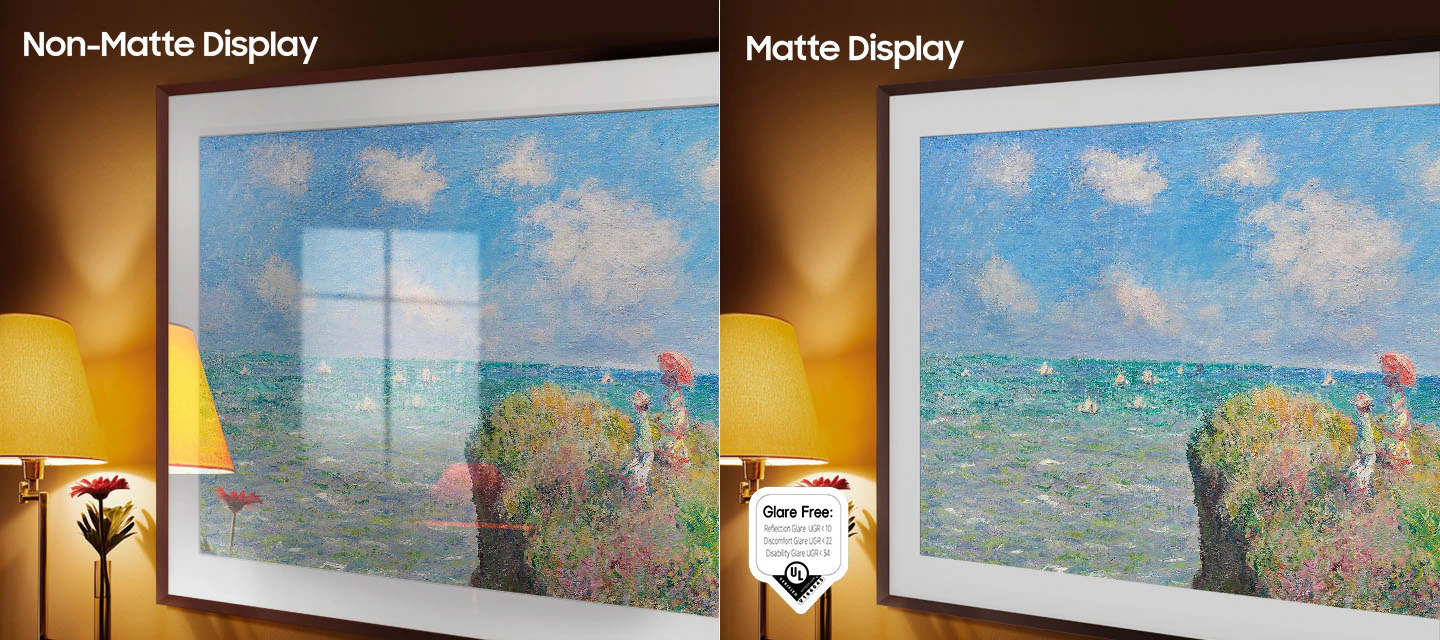 В левой части экрана с надписью &laquo;Нематовый дисплей&raquo; Samsung изображен The Frame, на котором изображено произведение искусства, полное отражений. В правой части экрана с надписью Matte Display изображен The Frame с такой же картинкой, но без бликов. Безбликовый сертифицированный логотип, отражающий блики UGR < 10, блики, вызывающие дискомфорт, UGR < 22, блики для инвалидов UGR < 34, расположенный в нижней левой части.