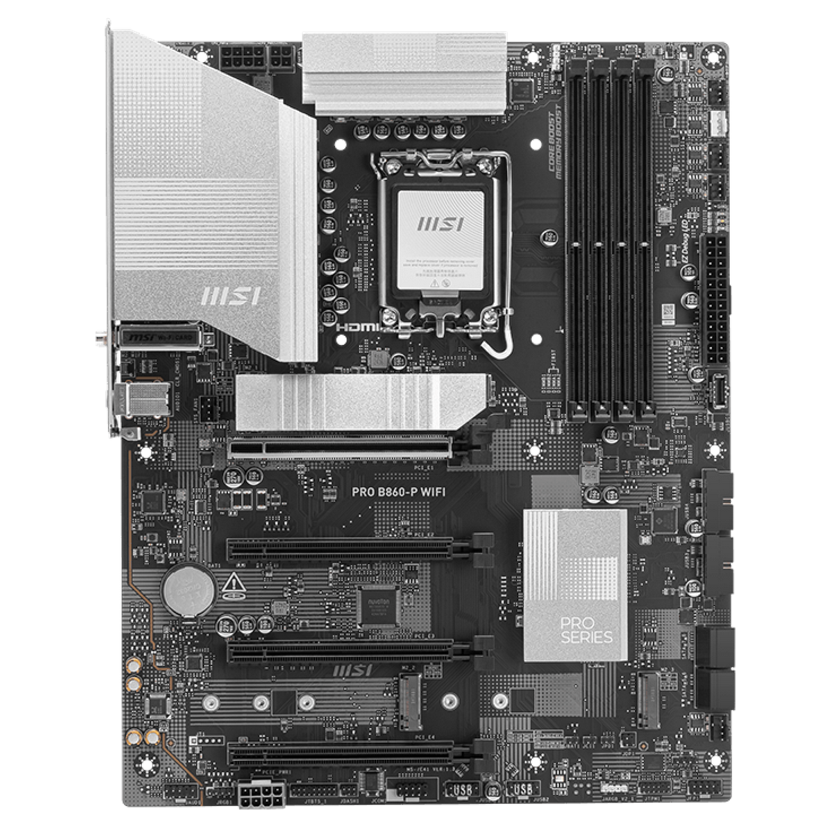 MSI Pro B860-P WiFi дизайн платы ATX компоненты и радиаторы