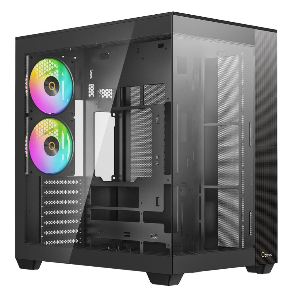 Ocypus Delta C74 ARGB вид спереди с ARGB-вентиляторами и открытой боковой панелью