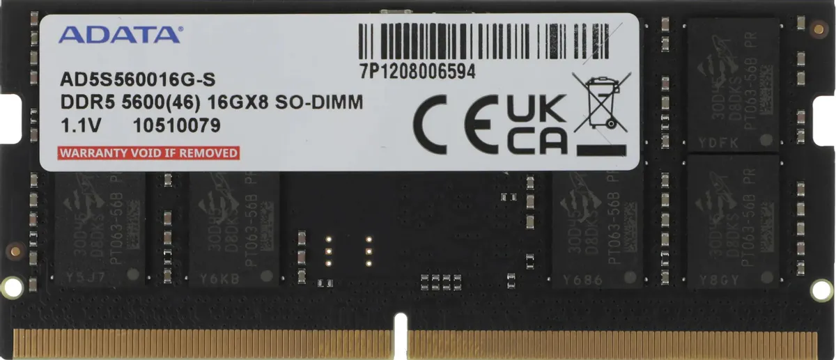ADATA AD5S560016G-S DDR5 SO-DIMM 16 ГБ 5600 МГц &mdash; наклейка с характеристиками и логотипами сертификации
