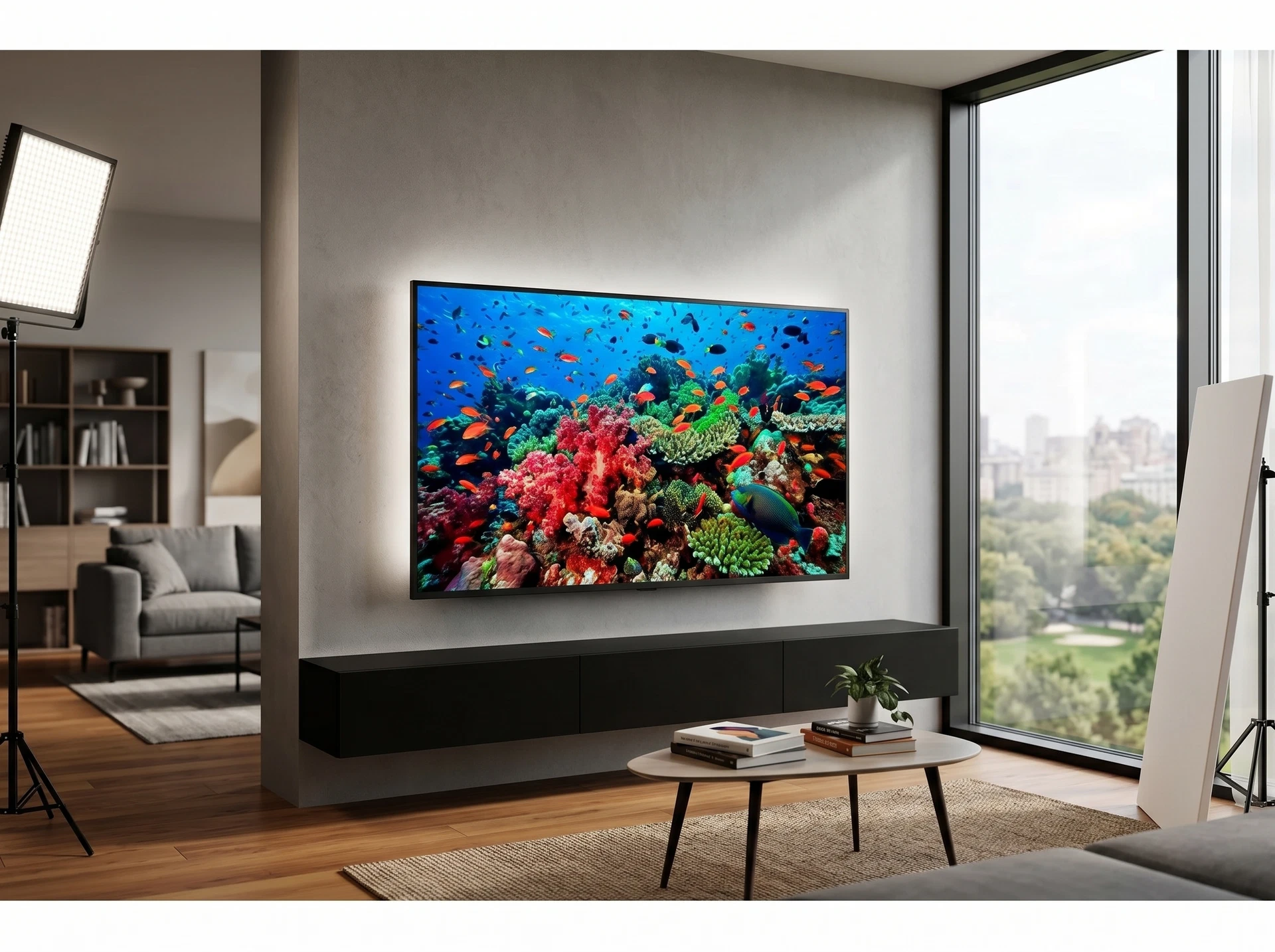 LG 55QNED85B6C в интерьере гостиной &mdash; QD Mini LED подсветка при дневном освещении