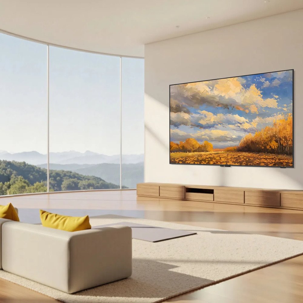 TCL 75A400 на стене в минималистичном интерьере, демонстрация цветопередачи и контраста пейзажа