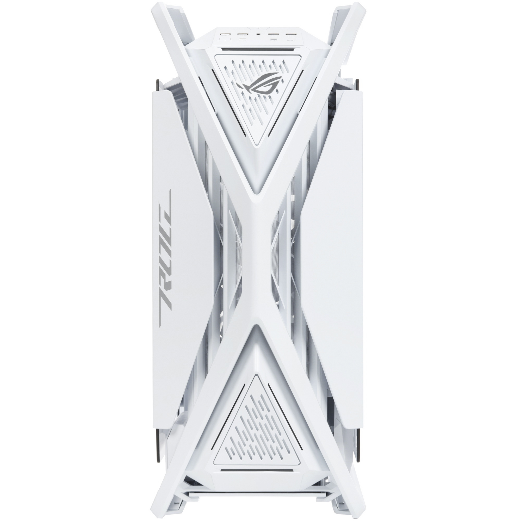 ASUS ROG Hyperion GR701 белый корпус вид спереди X-образный профиль и передняя панель с логотипом ROG