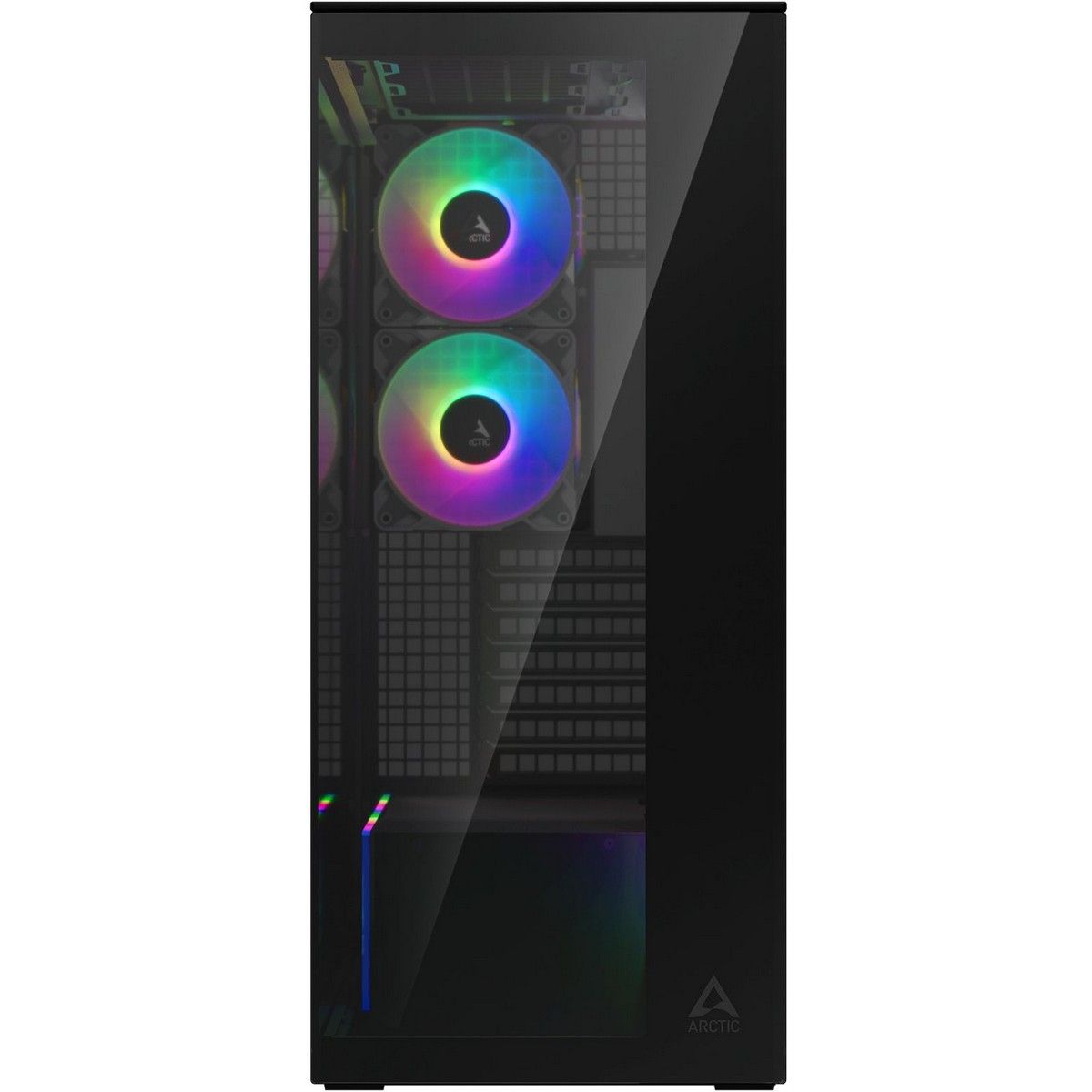 Arctic Xtender Mirror Black вид спереди — два ARGB-вентилятора с разноцветной подсветкой через закалённое стекло