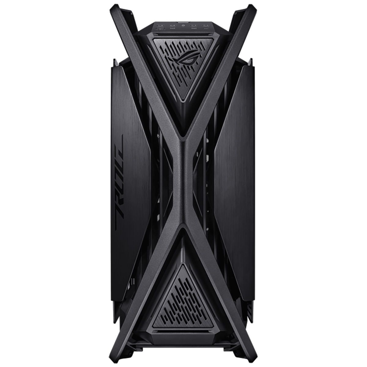 ASUS ROG Hyperion GR701 BTF Edition фронтальный вид без подсветки треугольный дизайн вентиляционные решётки логотип ROG