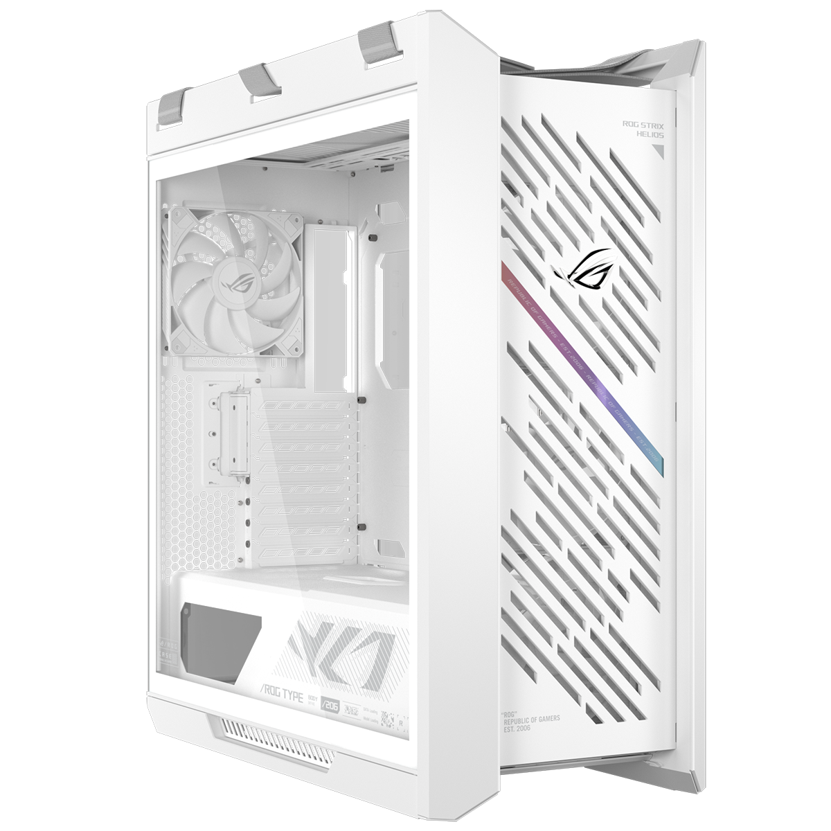 ASUS ROG Strix Helios II белый игровой корпус общий вид спереди с открытой боковой панелью