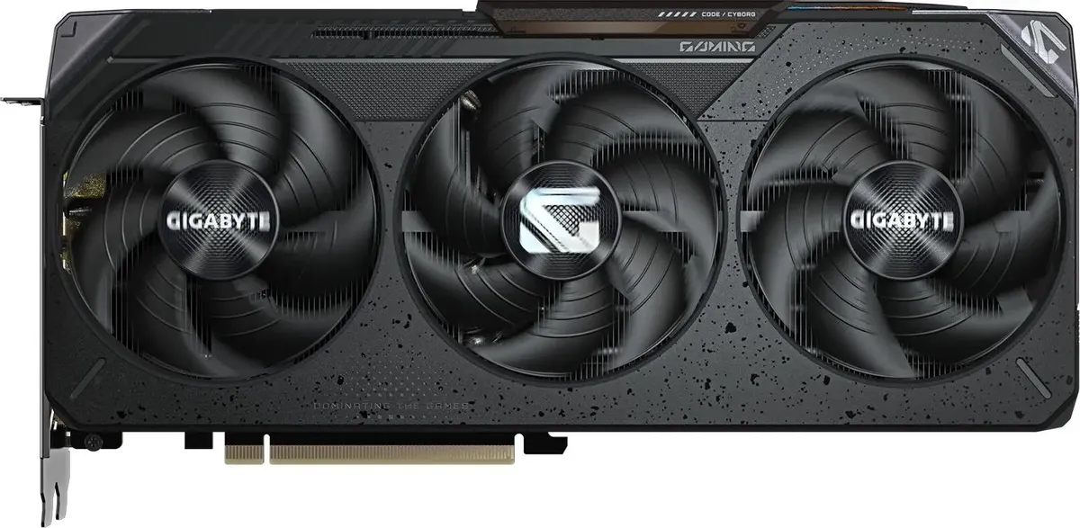 Gigabyte RX 9070 XT GAMING вид спереди три вентилятора серо-чёрный корпус