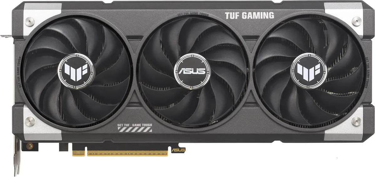 ASUS TUF Gaming RTX 5060 Ti — вид спереди, три вентилятора, чёрный корпус с белыми акцентами