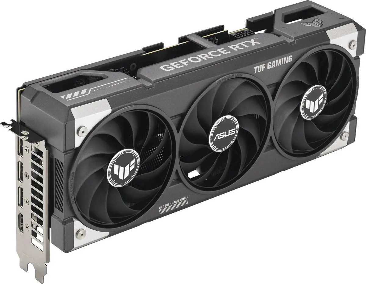 ASUS TUF Gaming RTX 5060 Ti — боковой профиль, порты HDMI и DisplayPort, логотип GeForce RTX