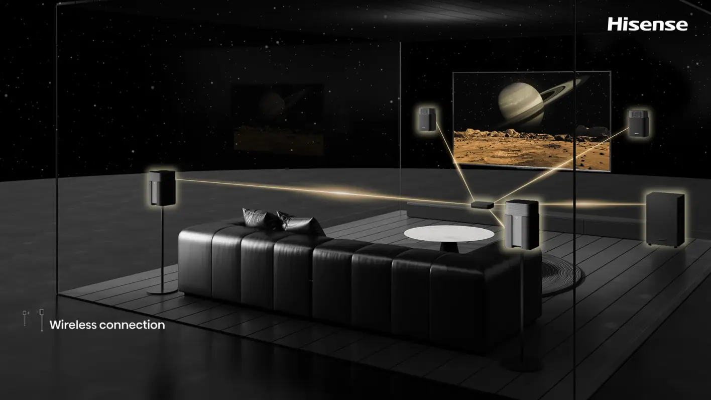 Hisense HT SATURN беспроводное подключение спутников &mdash; трёхдиапазонный Wireless connection в интерьере гостиной