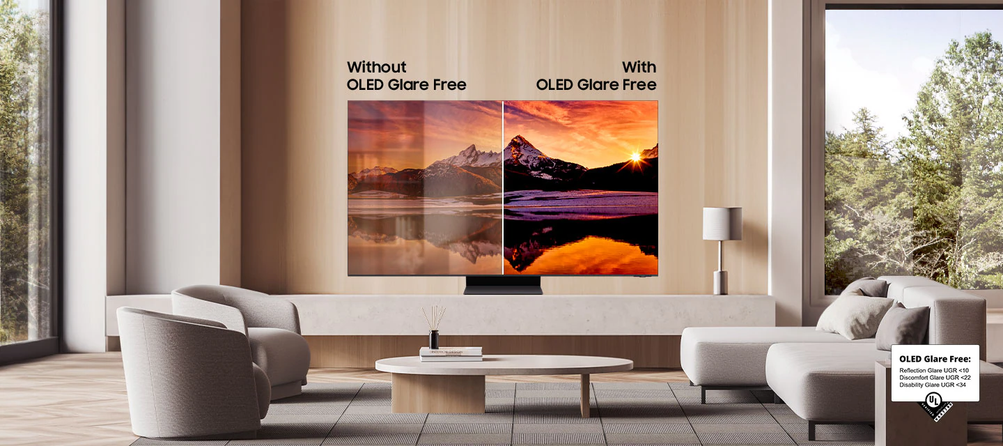 Samsung OLED в современной гостиной с экраном, разделенным на &laquo;OLED без бликов&raquo; и &laquo;С OLED без бликов&raquo; для сравнения. Сторона &laquo;Без бликов OLED&raquo; отражает свет, мешающий изображению на экране. Сторона &laquo;С OLED Glare Free&raquo; обеспечивает чистый и беспрепятственный обзор изображения на экране. OLED без бликов: отражающие блики UGR <10. Дискомфорт, блики UGR <22. Инвалидность Яркий свет UGR <34. УЛ.
