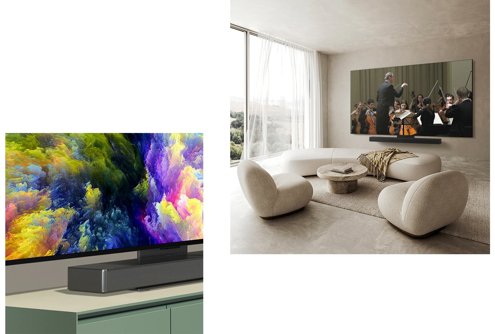 Угловая перспектива нижнего угла LG OLED TV, модель OLED C4, отображающая абстрактную работу с изображением леса на экране. Телевизор прикреплен к звуковой панели LG с помощью кронштейна Synergy и отображает на экране абстрактную работу с изображением леса.   Телевизор LG OLED TV, OLED C4 и звуковая панель LG Soundbar в чистом жилом помещении, установленные плоско на стене, с оркестровым выступлением на экране. 
