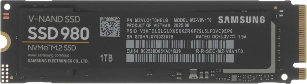 Samsung 980 1TB M.2 NVMe вид сверху — чёрная плата с логотипом и маркировкой характеристик