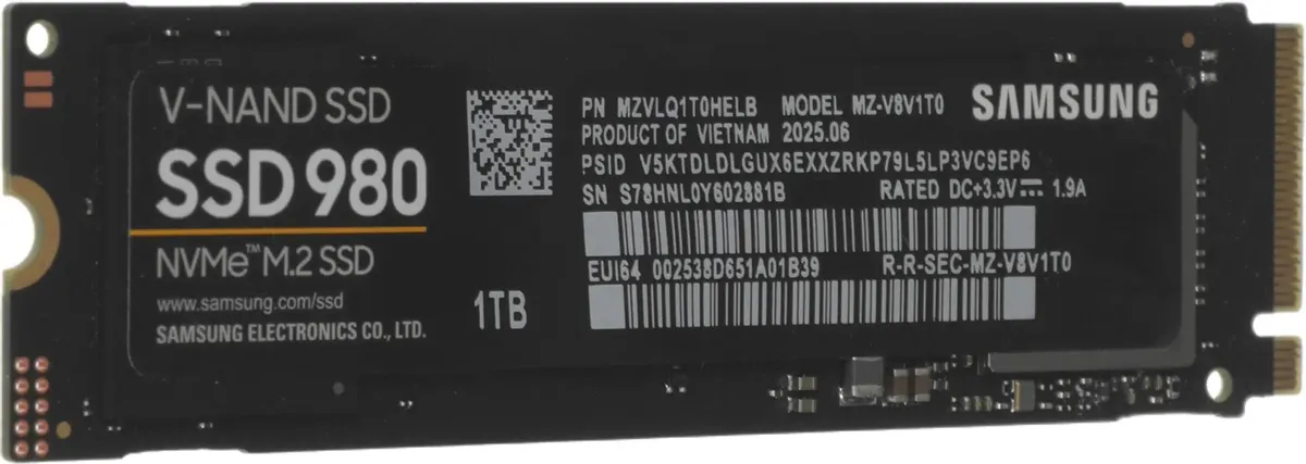 Samsung 980 NVMe M.2 вид сбоку — профиль накопителя, золотые контакты, форм-фактор 2280