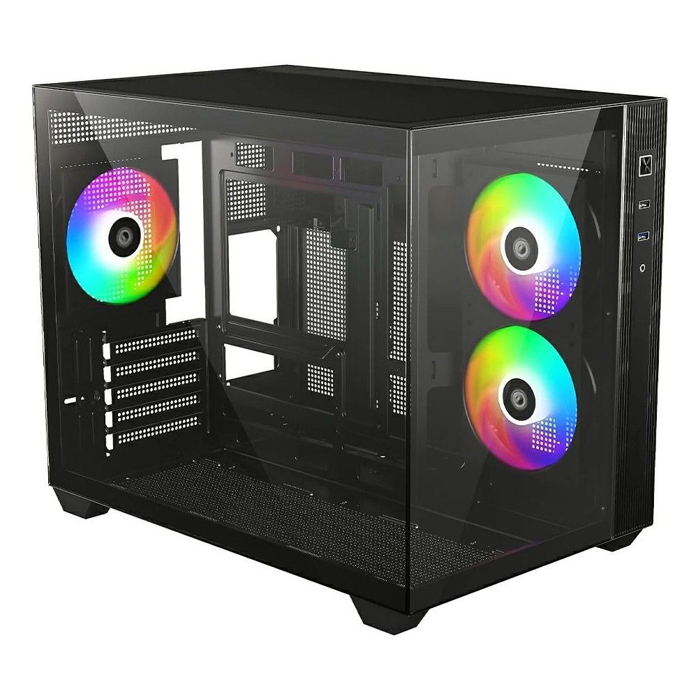 ID-Cooling VIEW 500 ARGB вид сверху с тремя ARGB-вентиляторами и прозрачными стеклянными панелями