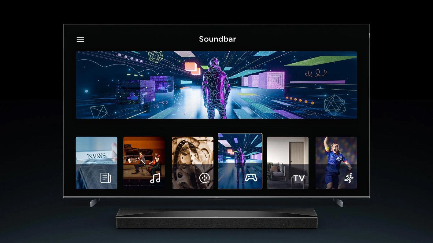TCL Q75H &mdash; интерфейс управления через Smart TV с меню саундбара и приложениями