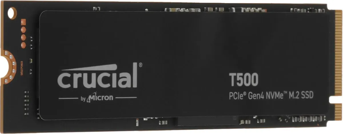Crucial T500 500ГБ PCIe Gen4 NVMe &mdash; вид сбоку под углом, тонкий профиль M.2
