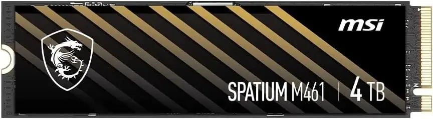 MSI Spatium M461 2TB M.2 NVMe вид сверху — чёрный корпус с золотыми полосами и логотипом Dragon Shield