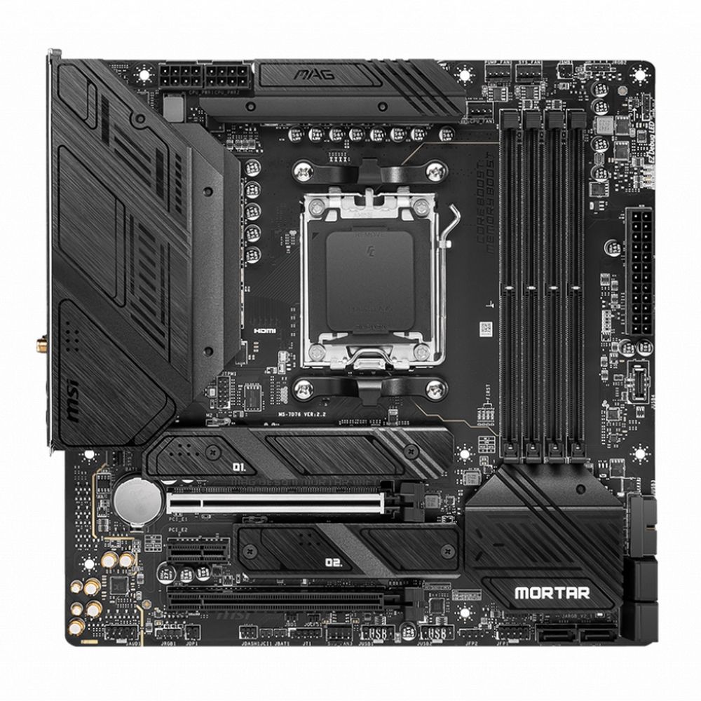 MSI MAG B650M Mortar WiFi &mdash; прямой вид, сокет AM5, радиаторы VRM и M.2, слоты DDR5