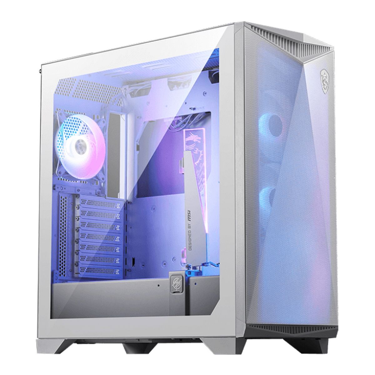 MSI MPG GUNGNIR 300R AIRFLOW вид спереди и сбоку с ARGB-подсветкой и закалённым стеклом