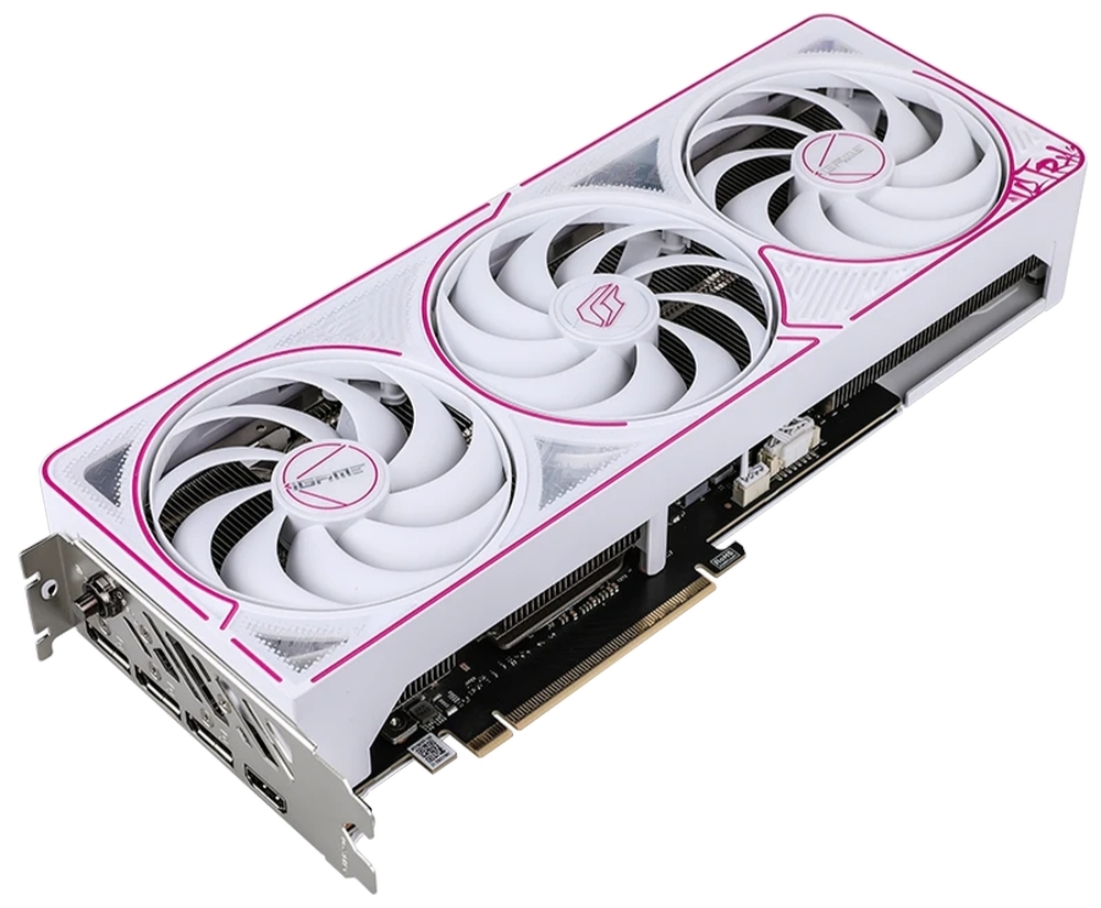 Colorful RTX 5060 Ti Ultra W OC вид сбоку белый корпус розовая окантовка разъёмы питания