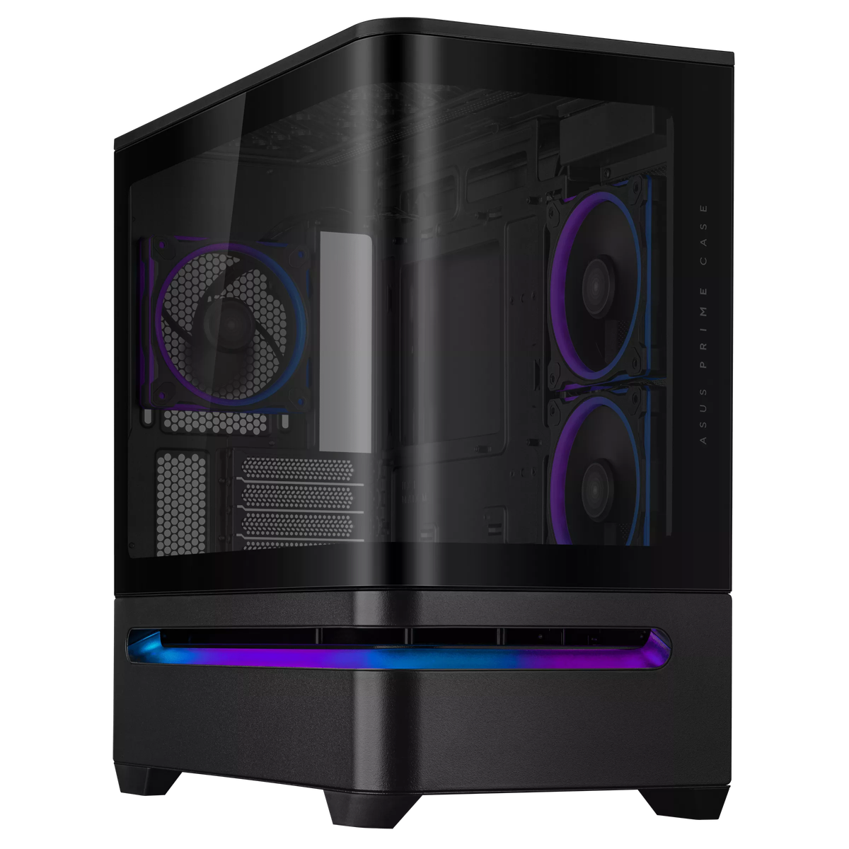 ASUS PRIME AP202 ARGB вид спереди-слева с RGB-вентиляторами с фиолетово-синей подсветкой внутри