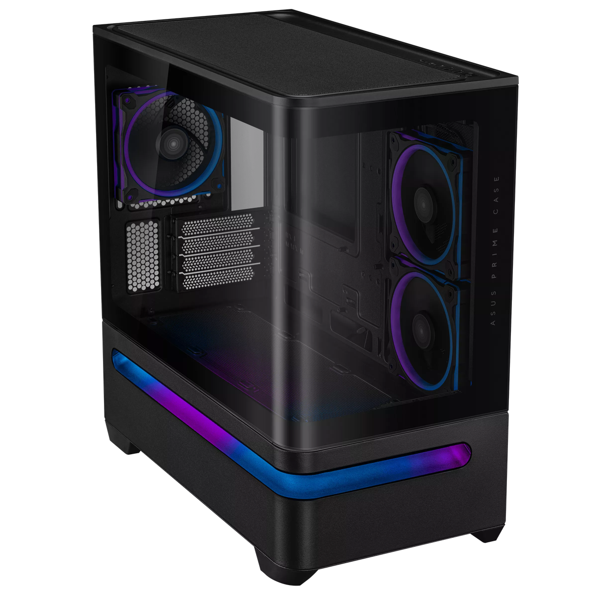 ASUS PRIME AP202 ARGB вид сверху и сбоку с верхней вентиляционной сеткой и RGB-подсветкой нижней части