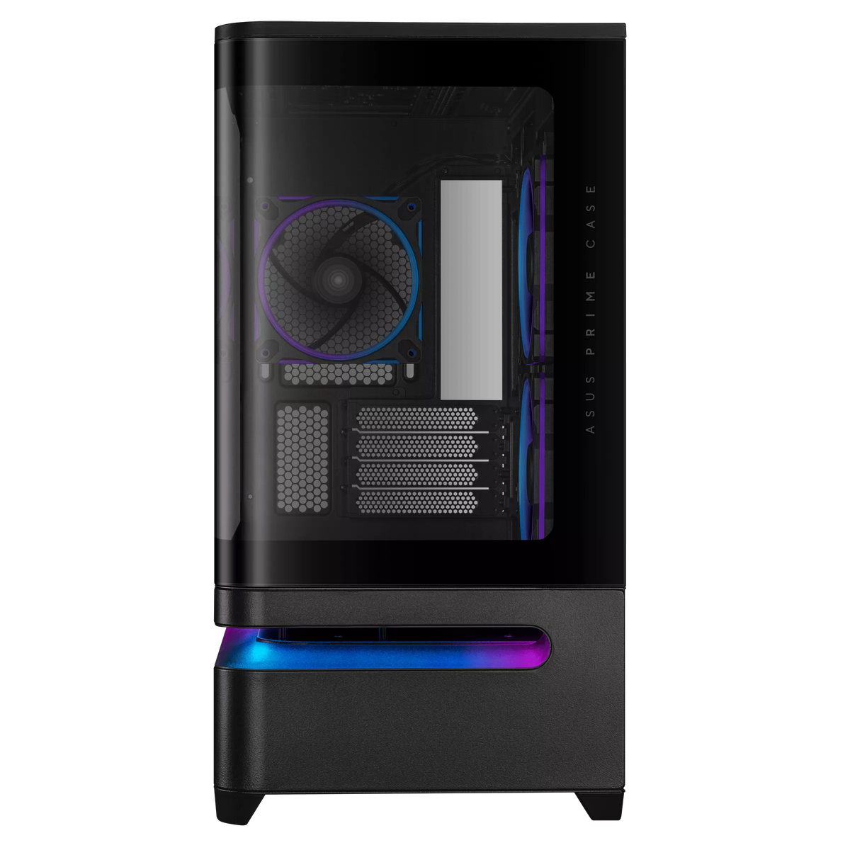 ASUS PRIME AP202 ARGB вид спереди в полный рост с прозрачной фронтальной панелью и RGB-подсветкой по периметру
