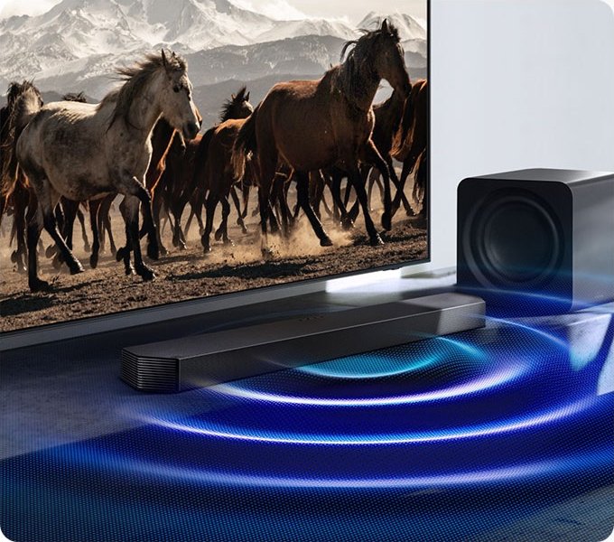 Samsung HW-Q800F/RU — полная система с саундбаром и сабвуфером, визуализация объёмного звукового поля